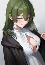 1girl 1girls artist_request blush boob_window breath green_hair medium_breasts medium_hair simple_background sousou_no_frieren ubel_(sousou_no_frieren) unbuttoned_shirt white_background