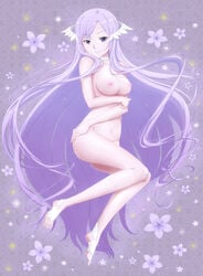 absurdres bare_arms bare_legs bare_shoulders barefoot barefoot_sandals divine_slut dress feet female floating_hair floral_background flower goddess highres long_hair looking_at_viewer nipples nude peri_(qq2748089832) purple_eyes purple_flower purple_hair quinella_(sword_art_online) smile sword_art_online sword_art_online:_alicization thighs uncensored