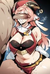 1boy 1girl after_fellatio ai_generated antlers bare_shoulders black_bra blush bra breasts cleavage closed_eyes clothed_female_nude_male clothing crop_top cum cum_in_mouth cum_on_tongue detached_sleeves erection fellatio female genshin_impact green_eyes hair_between_eyes hat hetero horns large_breasts long_hair long_sleeves male male_pubic_hair midriff navel novart01 nude oral penis penis_on_face pink_hair pubic_hair pussy_juice red_headwear red_shorts semen sex short_shorts shorts solo_focus spread_legs squatting stomach stray_pubic_hair sweat testicles thick_thighs thighs tongue tongue_out underwear veins veiny_penis yanfei_(genshin_impact) yellow_bow