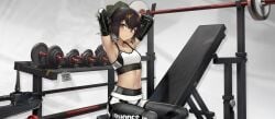 arknights armpit_fetish armpits arms_behind_head arms_up gym_clothes gym_storeroom plume_(arknights) sexually_suggestive sweat sweaty_armpits sweaty_body