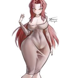 belly_button_visible_through_clothing big_breasts busty busty_female cleavage cleavage_overflow curvy curvy_female dress gebura_(lobotomy_corporation) legs_together library_of_ruina lobotomy_corporation long_hair project_moon red_hair slim_waist thick_thighs wide_hips