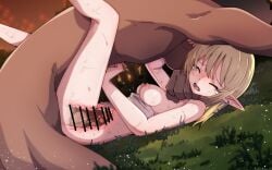 1boy 1girls absurdres blonde_hair blue_eyes breasts dark-skinned_male dark_skin ear_piercing elf faceless faceless_male gia_(abab0707) grass hetero highres lying medium_breasts missionary nipples nude on_back original outdoors piercing pointy_ears rape sex tears vaginal_penetration
