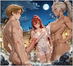 1boy 2girls ai_assisted ai_generated big_breasts dark-skinned_female erect_penis erection eris_greyrat ghislaine_dedoldia large_breasts mushoku_tensei mushoku_tensei:_isekai_ittara_honki_dasu onsen patreon patreon_logo rudeus_greyrat yametastudio