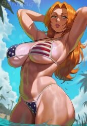 1girls ai_generated american_flag_bikini arms_up bancinq beach beauty_mark big_breasts bikini bleach bleach:_the_thousand-year_blood_war blue_eyes breasts busty curvaceous curvy curvy_female curvy_figure hourglass_figure huge_breasts large_breasts light-skinned_female light_skin long_hair matsumoto_rangiku orange_hair rangiku_matsumoto sweat sweatdrop sweating sweaty sweaty_body sweaty_breasts
