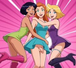 3futas ai_generated alex_(totally_spies) black_hair blonde_hair boobly boots bottomless clover_(totally_spies) dress dress_lift flaccid futanari green_eyes intersex long_hair orange_hair sam_(totally_spies) short_hair standing totally_spies