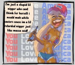 african_american alcohol alcoholic_drink american american_female beer beer_bottle big_boobs big_breasts blonde_female blonde_hair blue_eyes boobs breasts confederate_flag confederate_flag_bikini dark-skinned_female dark_skin degradation ebony_female female female_focus female_only homophobic_slur light-skinned_female massive_breasts oc original_art original_artwork original_character political politics raceplay racism racist self_hatred slave_girl what