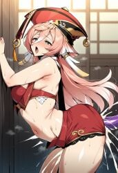 1girl against_wall ahegao ai_generated anal antlers arched_back armpit_crease armpits ass bare_shoulders bent_over blush bra breasts clothing crop_top cum cum_in_pussy cum_overflow dildo ejaculation female female_ejaculation from_side genshin_impact green_eyes hair_between_eyes half-closed_eyes hat hetero horns indoors long_hair medium_breasts midriff navel novart01 object_insertion open_mouth pink_hair porkpie_hat red_bra red_headwear red_shorts scales semen sex sex_toy shorts small_breasts solo standing stomach stomach_bulge sweat thighs tongue tongue_out underwear yanfei_(genshin_impact)