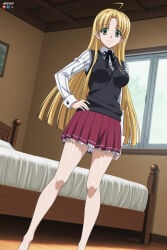 1boy 1girl absurdres adult ahoge ai_assisted ai_generated asia_argento barefoot bed bedroom big_breasts blonde_hair breasts female green_eyes hand_on_hip heeven high_school_dxd highres indoors large_breasts long_hair looking_at_viewer male mature patreon patreon_username perfect_body pleated_skirt school_uniform sensitive shirt skirt smile solo sweater_vest uncensored window