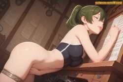 1girl ai_generated ass bare_shoulders black_bra black_panties blush bra breasts cowboy_shot depth_of_field dutch_angle green_eyes green_hair green_panties green_ponytail indoors leaning_forward looking_at_viewer medium_breasts medium_shot midriff navel no_headwear no_pants paper ponytail sideboob sideview solo solo_focus standing stomach strapless strapless_bra ubel_(sousou_no_frieren) underwear wide_shot window window_light wooden_floor wooden_table