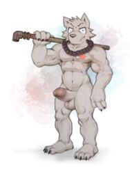 2020 3:4 anthro balls blush canid canine claws clothing digital_media_(artwork) erection furry_only genitals grin hi_res holding_object holding_weapon humanoid_genitalia humanoid_penis jewelry looking_at_viewer male male_only mammal muscular muscular_anthro muscular_male nude penis pipes simple_background smile solo standing tattoo weapon weers