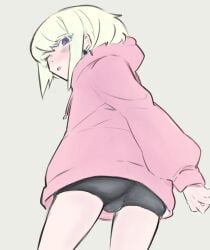 1boy 1femboy androgynous ass ass_focus aus_vaka blonde_hair blush blushing blushing_at_viewer bob_cut bulge clothed clothing embarrassed femboy femboy_only feminine_faced_male feminine_male girly hoodie lio_fotia looking_at_viewer petite petite_body petite_male pov promare short_hair short_male shorts slim slim_male slim_waist solo spats thin_waist tight_clothing twink