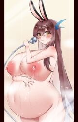 1girl animal_ears big_belly breasts brown_hair commission highres huge_breasts inflation lactation large_areolae long_hair navel nipples noul9706 original pregnant rabbit_ears very_long_hair yellow_eyes