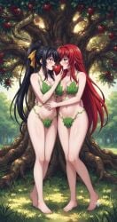 2girls ai_generated akeno_himejima apple bible big_ass big_breasts blush curvy_female eve_(bible) eve_(bible)_(cosplay) female_only fig_leaf fine_art_parody forest garden garden_of_eden girl_on_girl girlfriends girls_love high_school_dxd large_breasts large_breasts_lesbian large_breasts_lesbians leaf leaf_bikini leaf_censor leaf_on_breast leaf_on_crotch leaves lesbian lesbian_couple lesbian_lovers lesbians looking_at_each_other nature nature_background reference rias_gremory rias_x_akeno snake thick_thighs tree voluptuous_female wide_hips wife_and_wife yuri