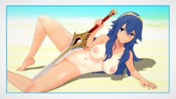 1girls 3d areolae beach blue_eyes blue_hair convenient_censoring female_only fire_emblem fire_emblem_awakening hairband koikatsu large_breasts laying_on_side long_hair lucina_(fire_emblem) mike_oxlong nipples nude seaside spread_legs sword tan_body tanline