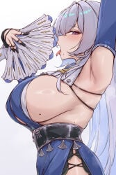 1girl absurdres arm_up armpits artist_name belt black_belt blue_dress blush breasts commentary cowboy_shot detached_sleeves dress e.c.ho from_side grey_hair hair_between_eyes hand_fan highres holding holding_fan large_breasts long_hair looking_at_viewer mole mole_on_breast mole_under_mouth open_mouth presenting_own_armpit purple_eyes side_slit sideboob sideways_glance simple_background solo tongue tongue_out velina_airgid white_background zenless_zone_zero