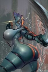 alien alien_humanoid blue_body blue_skin diegosandiego fin_hair fish fish_humanoid huge_ass huge_breasts nala_(diegosandiego) sword