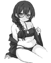 black_and_white black_hair braided_hair chubby chubby_female collar glasses jacket jacket_open looking_at_viewer nerdy_female sitting underwear