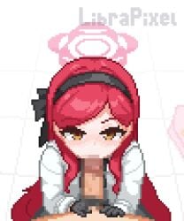 1boy 1girls animated blowjob blue_archive fellatio female halo librapixel looking_at_viewer oral penis pixel_animation pixel_art red_hair red_winter_federal_academy_student takane_(blue_archive)