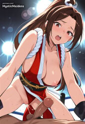 1boy 1girl after_sex ai_generated anime anime_style areola_slip bare_shoulders blush breasts brown_eyes brown_hair capcom cleavage clothing_aside collarbone cum erection fatal_fury fatal_fury:_city_of_the_wolves fatal_fury_2 fatal_fury_the_motion_picture girl_on_top hentai hetero hi_res high_ponytail imminent_penetration japanese_clothes king_of_fighters large_breasts long_hair looking_at_viewer mai_shiranui mystic_maidens ninja nipples no_bra obi open_mouth parted_bangs patreon patreon_username pelvic_curtain penis ponytail pussy pussy_juice revealing_clothes rope sash snk straddling street_fighter street_fighter_6 sweat thighs uncensored