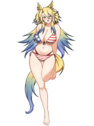 belly belly_button big_breasts bikini blonde_hair blush blushing blushing_at_viewer breasts cygames feet hands_behind_back horse_tail looking_at_viewer obey_your_master_(umamusume) open_mouth pixiv shy tail two-tone_hair umamusume umamusume:_cinderella_gray usa_bikini