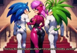 1girls 2boys ai_generated blue_fur brother_and_sister dialogue dress green_fur imminent_sex incest incest_(lore) indoors magenta_fur manic_the_hedgehog pink_hair siblings sonia_the_hedgehog sonic_(series) sonic_the_hedgehog sonic_the_hedgehog_(series) sonic_underground suit