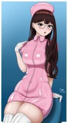 1girls absolute_territory brown_eyes brown_hair dress female female_only glasses gloves latex latex_clothing latex_gloves nurse nurse_cap nurse_hat nurse_outfit nurse_uniform pink_clothing pink_dress png rubber rubber_clothing shiny_clothes skindentation thighhighs tight_clothing tight_dress uniform yuicatte