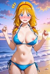 1girls ai_generated beach bikini blonde_female blonde_hair bra bra_lift castlevania castlevania_iii:_dracula's_curse embarrassed female female_only hair_between_eyes low_twintails nipples surprised sypha_belnades twintails