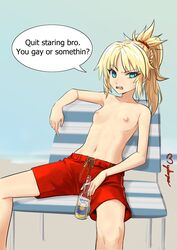 1girls beer blonde_hair bottomwear casual clothing corona_(beer) crossdressing_female dialogue fate_(series) female human male_swimwear_challenge mens_swimsuit_challenge mordred_(fate) myahogao nipples pale_skin small_breasts solo swimsuit swimwear text topless