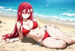 1girls ai_generated beach bikini female female_only flower flower_in_hair full_body hair_between_eyes large_breasts long_hair looking_at_viewer lying lying_on_side pale-skinned_female pale_skin red_eyes red_hair redhead redhead_female toziuha_night_order_of_the_alchemists xandria_(toziuha_night)