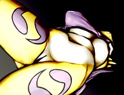 absurd_res anthro ass big_breasts breasts canid canine canis digimon digimon_(species) digital_media_(artwork) female fox fur genitals hi_res mammal nipples nude ppmp pussy renamon shy simple_background solo thick_thighs view_from_below white_body white_fur wide_hips yellow_body yellow_fur