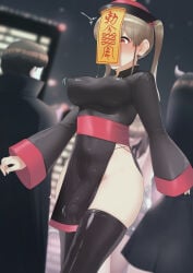 1girl absurdres black_dress black_thighhighs blurry blurry_background blush breasts brown_hair commentary_request covered_nipples covered_penis cowboy_shot dress futanari half-erect hat highres jiangshi_costume large_breasts long_hair long_sleeves night no_bra no_panties ofuda ofuda_on_head original outdoors paid_reward_available pelvic_curtain people pukupukubu qingdai_guanmao red_eyes solo_focus thighhighs thighs twintails walking