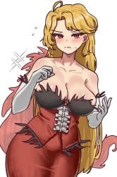 1girl ahoge big_breasts blonde_hair blush breasts cosplay don_quixote_(limbus_company) dress frown gloves highres kiss-shot_acerola-orion_heart-under-blade la_manchaland_(identity)_(project_moon) limbus_company long_hair mitama_nyan monogatari_(series) project_moon red_dress red_eyes sancho_(limbus_company) solo tagme wavy_mouth white_gloves