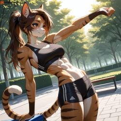 1girl abs ai_generated anthro athletic athletic_anthro athletic_female brown_body brown_eyes brown_fur brown_hair cat_ears cat_girl cat_tail catgirl crop_top exercise feline feline_humanoid gym_clothes midriff muscular muscular_arms original original_character original_characters outdoors outside park patreon patreon_username sports_bra sportswear stretching tail thin_waist velour_ai