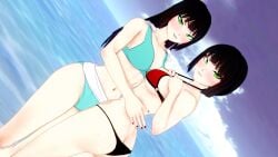 ass beach bikini black_hair green_eyes koikatsu long_hair melanie_malachite miltiades_malachite ocean perfect_idiot rwby short_hair sisters twins