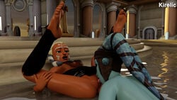 2girls 3d aayla_secura ahsoka_tano breasts clone_wars cunnilingus female female_only kirelic on_back pool sheer_clothing star_wars tagme togruta twi'lek yuri