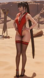 1girls ai_generated asian_female ass black_hair daylight desert eve_(stellar_blade) front_view hands_on_hips high_heels long_hair ponytail red serif40 standing stellar_blade thighhighs video_game_character video_games