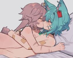1boy1girl blue_hair bunny_girl cat_boy character:rayrie comfythighs kissing laying_on_bed naked naked_female naked_femboy naked_male pink_hair rayrie scars_on_arm tagme wholesome_couple