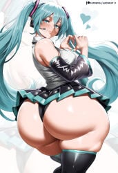 1girls arcedo armwear ass ass_bigger_than_head ass_bigger_than_torso big_ass blue_hair breasts bubble_butt clothing fat_ass female female_only gluteal_fold hatsune_miku heart_hands huge_ass large_ass legwear looking_at_viewer looking_back massive_ass painted_nails panties solo thick_ass thick_thighs thighhighs vocaloid wide_hips
