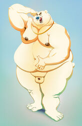 anthro belly big_belly blue_eyes chains fangs flaccid furry_only genitals gold_chain gold_ring hand_on_stomach hi_res looking_at_viewer male mammal moobs nipple_piercing nipples obese obese_anthro obese_male open_mouth osos overweight overweight_anthro overweight_male penis piercing polar_bear pubes raised_arm small_penis solo solo_focus thick_thighs tongue tongue_out ursid ursine