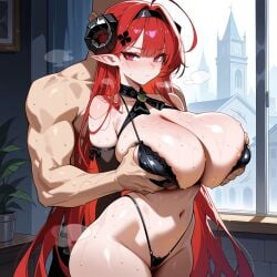 1boy 1girl ahoge ai_generated areola_slip azur_lane bangs bare_shoulders bikini black_bikini black_bra black_gloves black_hairband black_horns black_swimsuit black_underwear blush bra breast_grab breasts cleavage clock closed_mouth clothing collarbone curled_horns demon_girl demon_horns elbow_gloves female gloves grabbing grabbing_another's_breast grabbing_from_behind groping hair_ornament hairband hetero highleg highleg_bikini hindenburg_(azur_lane) horns huge_breasts indoors large_breasts long_hair looking_at_viewer lunaart male micro_bikini muscular muscular_male navel nipples panties plant pointy_ears potted_plant red_eyes red_hair slit_pupils solo_focus steam stomach sweat swimsuit thighhighs thighs underwear very_long_hair wet window