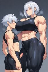 1boy 1girls abs ai_generated biceps breasts cleavage covered_breasts female_with_male gym_clothes gym_uniform huge_breasts looking_at_partner muscle_mommy muscular muscular_arms muscular_female muscular_thighs red_eyes short_hair silver_hair size_difference small_penis smaller_male smaller_male_larger_female snapperai steamy_breath taller_female veins_on_arms veiny_arms