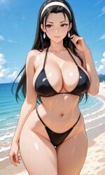 1girls ai_generated big_breasts bikini black_hair chizuru_kagura hairband king_of_fighters kofwaifus light-skinned_female light_skin long_hair pale-skinned_female pale_skin panties swimsuit thick