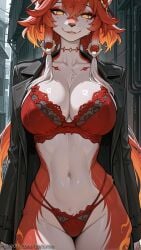 1girl ai_generated animal_ears bangs black_jacket bra breasts changli_(wuthering_waves) cleavage collarbone cowboy_shot decurse furry furry_female hair_between_eyes jacket large_breasts long_hair looking_at_viewer mole multicolored_hair navel open_clothes orange_hair panties parted_lips red_bra red_panties smile solo underwear white_hair wuthering_waves yellow_eyes