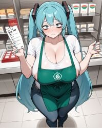 aged_up aged_up_character ai_generated apron blue_eyes blue_hair breasts breasts_bigger_than_head cashier cleavage covered_breasts curvy_female curvy_hips eye_bags female female_only hatsune_miku huge_breasts jeans looking_at_viewer nipple_outline nipples_visible_through_clothing pink_nipples snapperai thick_thighs thighs twintails vocaloid voluptuous voluptuous_body voluptuous_female worn_out