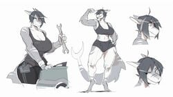 anthro big_breasts big_thighs breasts furry gym_uniform kaze_(notglacier) mechanic muscular muscular_female notglacier scar shark smile smiling solo tail thighs wrench