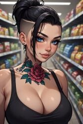 1girls ai_generated beautiful_body beautiful_eyes beautiful_face beautiful_female beautiful_girl beautiful_woman big_breasts big_tits black_hair black_tank_top blue_eyes cleavage cleavage_focus earring flower_tattoo grocery_store looking_at_viewer messy_ponytail no_porn no_sex nonsexual_nudity portrait seducing seduction seductive seductive_body seductive_eyes seductive_gaze seductive_look seductive_mouth seductive_pose seductive_smile shaved_sides tattoo undercut