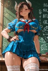 1girl ai_generated bangs blue_skirt blush bracelet breasts brown_eyes brown_hair chalkboard chun-li closed_mouth cowboy_shot crop_top crop_top_overhang double_bun earrings hair_ribbon hand_on_hip high-waist_skirt horns indoors jewelry kermixx large_breasts long_hair looking_at_viewer neckerchief panties pleated_skirt puffy_short_sleeves puffy_sleeves ribbon sailor_collar school_uniform serafuku short_sleeves skirt smile solo spiked_bracelet spikes standing street_fighter sweat thighhighs thighs underboob underwear white_panties white_thighhighs
