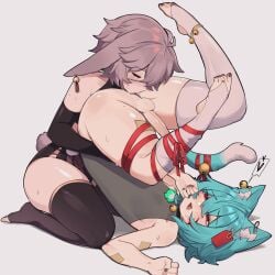 1boy1girl blue_hair brat bratty bunny_girl cat_boy character:rayrie comfythighs eyepatch femboy legs_up leotard leotard_aside penis pink_hair rayrie red_eyes rimjob tagme thick_thighs thigh_highs thigh_ribbon