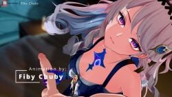 3d_animation blue_eyes clothed cum cute denia_(wuthering_waves) female foreskin handjob looking_at_viewer male penis pink_hair pov red_eyes small_breasts sound tagme video wuthering_waves