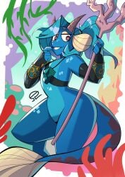 alvh_omega anthro biting_finger blue_body blue_hair color comission dark_red_eyes elbow_gloves female_only flat_chest gem hi_res horns hybrid long_tail looking_at_another marine marine_humanoid ocean_background original_character slender_body solo_female striped_body striped_tail thick_thighs trident